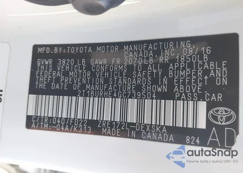 2016 Toyota Corolla S Plus z USA, uszkodzony, nr VIN 2T1BURHE4GC739504